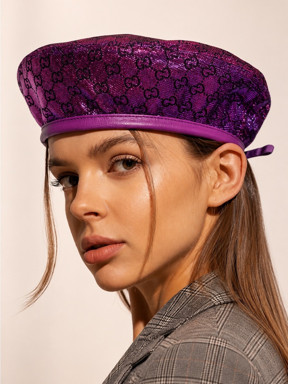 Gucci Pink GG Monogram Sequin Beret Hat M 57cm Rare Metallic Logo Cap Luxury